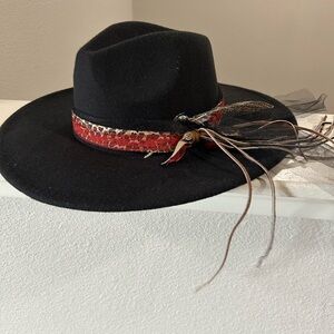Black Hat with Red Snakeskin Band and Feather Detail